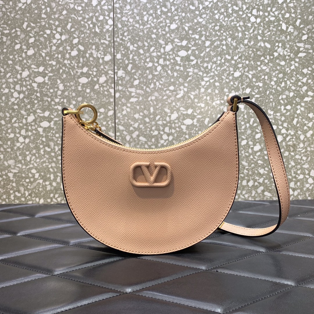 Valentino Garavani VLogo Signature Hobo Bag in Nude Grainy Calfskin Leather 